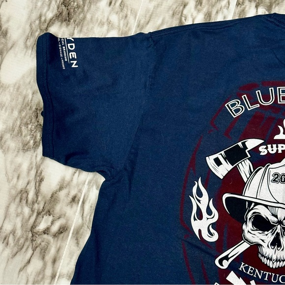 Fireman Skull Navy Blue Graphic T Shirt Bluegrass Burn Run Kentucky Men’s Sz L - Picture 5 of 8